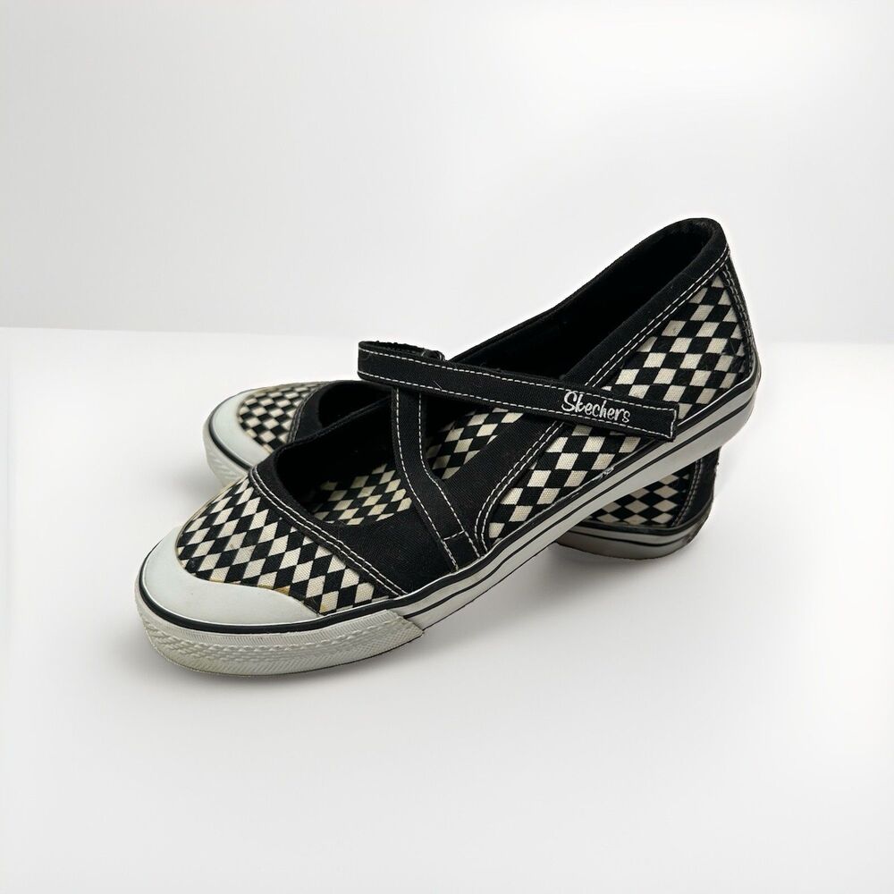 SKECHERS Cali Black & White Checkered Mary Jane Strap Canvas Sneakers Shoes Sz 7